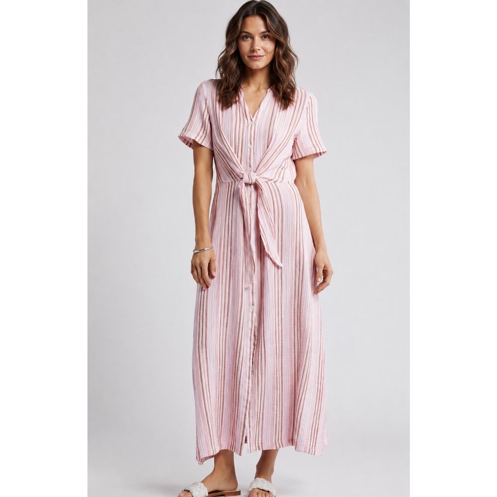Caslon Pink Gauze Cotton Striped Tie Front Maxi Shirt Dress Coastal Small Resort